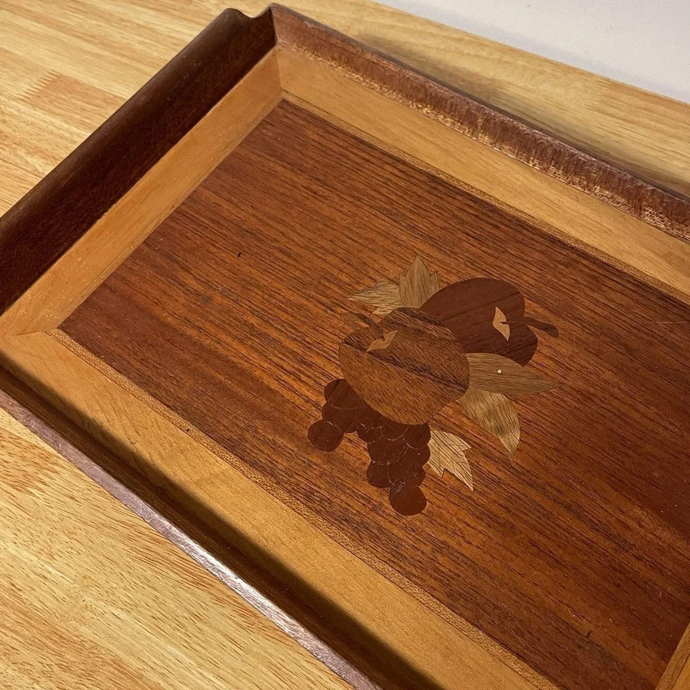 Vintage Lot Of 3 MCM Wood Marquetry Tray Inlaid Serving Platter Danish Mod